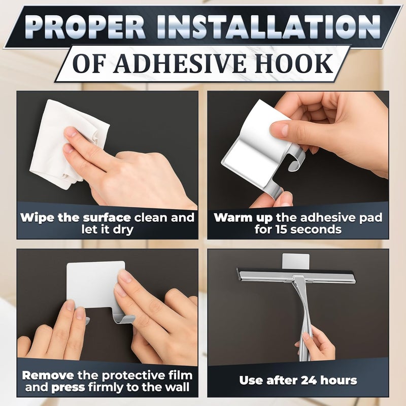 NOVSIX 12 Inch Silver All-Purpose Stainless Steel Shower Squeegee for Shower Glass Door with 2 Hooks (Adhesive & Regular), Bathroom Cleaner Tool, Window & Mirror Squeegee for Tile Walls, Car Glass Surfaces - Image 5